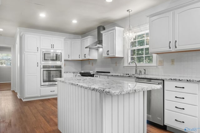 3000 Eolyne Kelly Way NE, Huntsville, AL 35811 - kitchen featuring wall chimney range hood, white cabinetry, a sink, and appliances with stainless steel finishes
