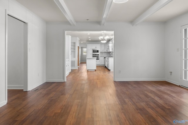 3000 Eolyne Kelly Way NE, Huntsville, AL 35811 - unfurnished living room with dark wood-type flooring, visible vents, and beam ceiling