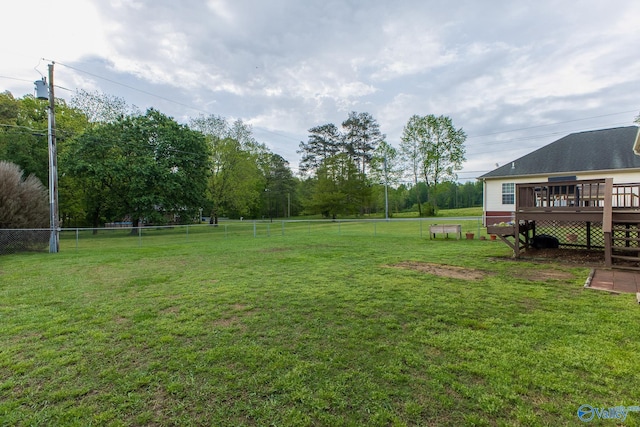 view of yard with fence and a wooden deck
