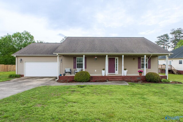ranch-style home with a front lawn, a garage, covered porch, driveway, and roof with shingles