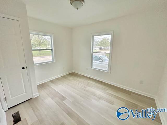 spare room featuring plenty of natural light and light hardwood / wood-style flooring