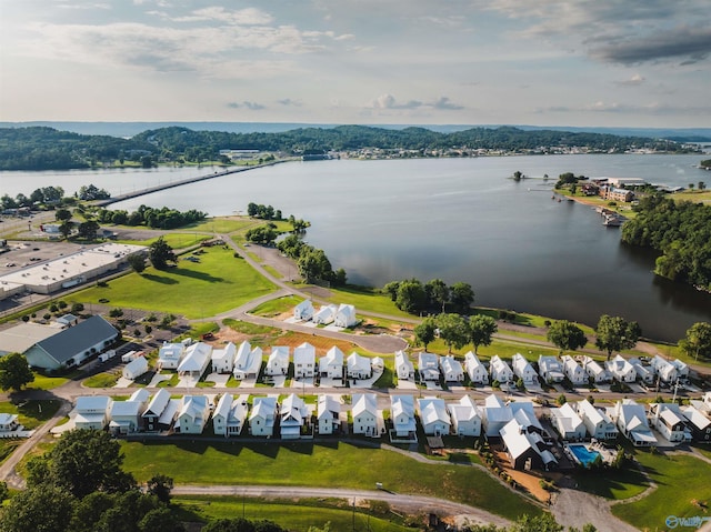 aerial view featuring a water view and a residential view