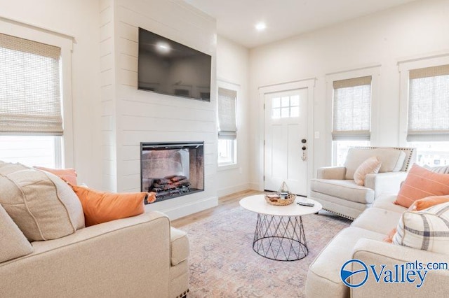 living area featuring a fireplace, wood finished floors, and recessed lighting