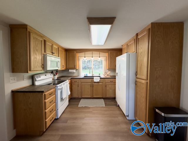 kitchen with sink, wood-type flooring, and white appliances