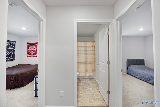 corridor featuring carpet floors and stone finish flooring