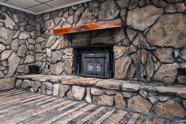 room details with a wood stove and hardwood / wood-style floors