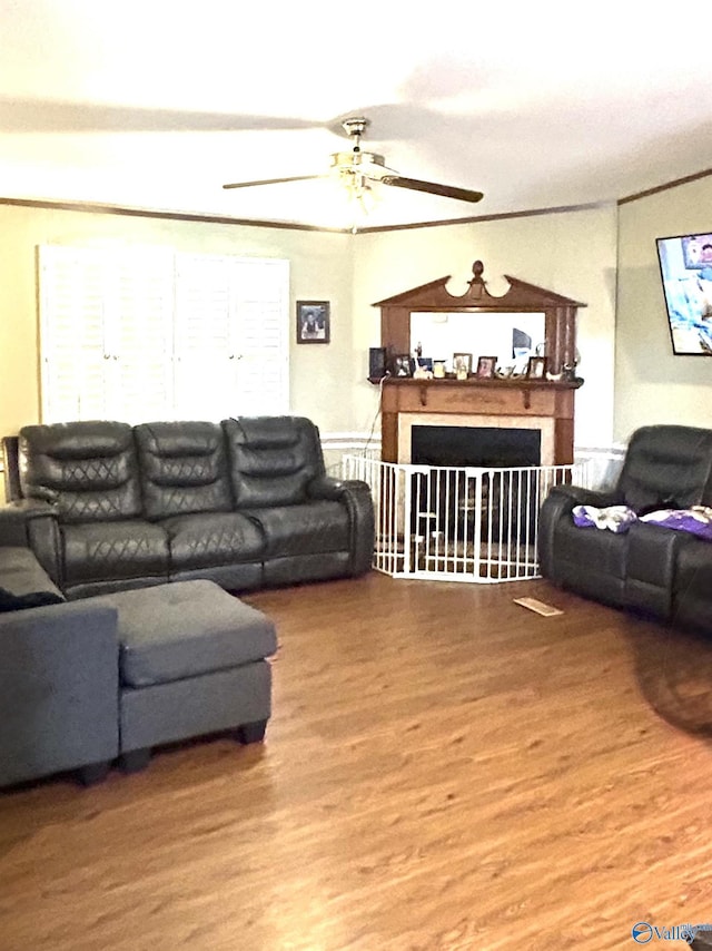 living room featuring ceiling fan, wood finished floors, a fireplace, and ornamental molding