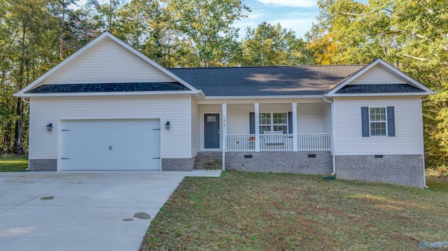 ranch-style home with a garage, covered porch, and a front lawn