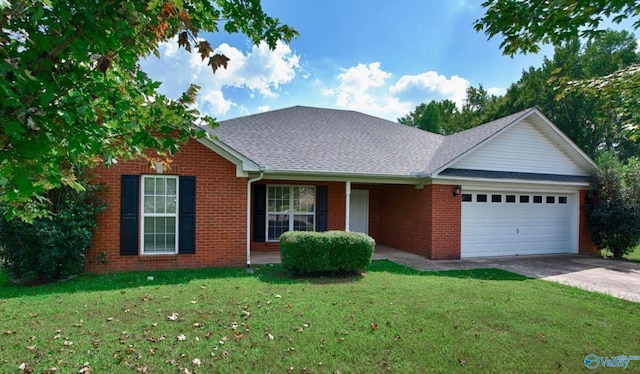 ranch-style house featuring a front yard and a garage