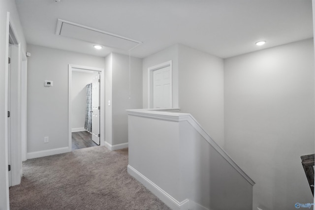 16821 Demi Dr, Athens, AL 35613 - corridor with attic access, carpet, baseboards, an upstairs landing, and recessed lighting