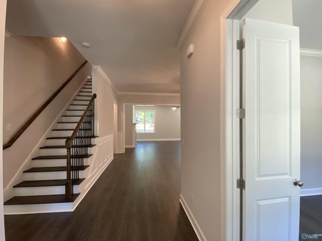 staircase featuring ornamental molding and wood-type flooring