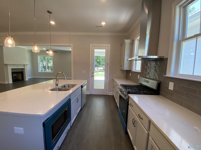 kitchen with sink, decorative light fixtures, ventilation hood, appliances with stainless steel finishes, and an island with sink