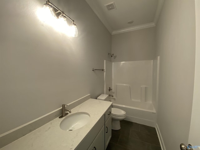 full bathroom with crown molding, tile patterned flooring, vanity, bathtub / shower combination, and toilet