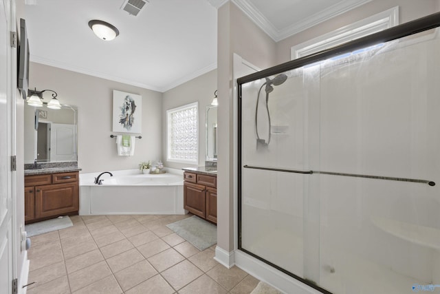 bathroom with visible vents, a garden tub, ornamental molding, a stall shower, and vanity