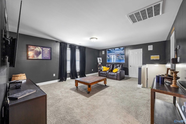 living area with carpet flooring, baseboards, and visible vents