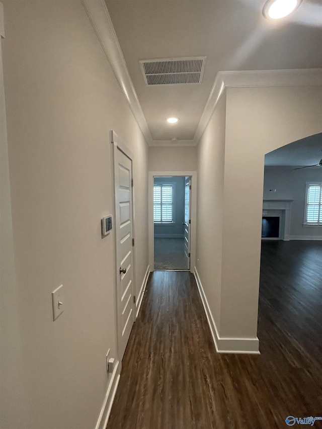 hallway with ornamental molding and dark wood-type flooring