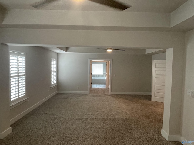 carpeted empty room featuring ceiling fan, a healthy amount of sunlight, and a raised ceiling