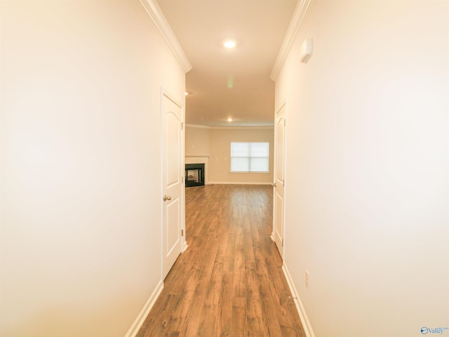 corridor featuring hardwood / wood-style flooring and ornamental molding