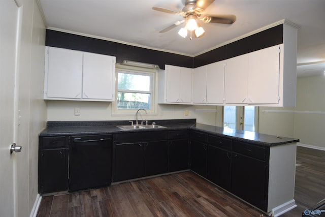 kitchen with sink, white cabinets, dishwasher, and dark hardwood / wood-style flooring