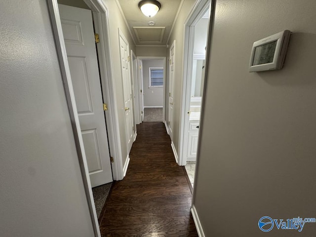 hall with ornamental molding, attic access, baseboards, and dark wood-style floors
