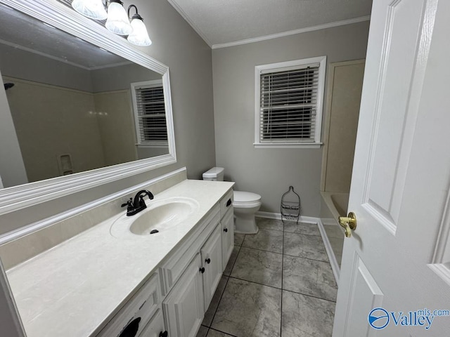 bathroom featuring toilet, a tub to relax in, a shower, vanity, and crown molding