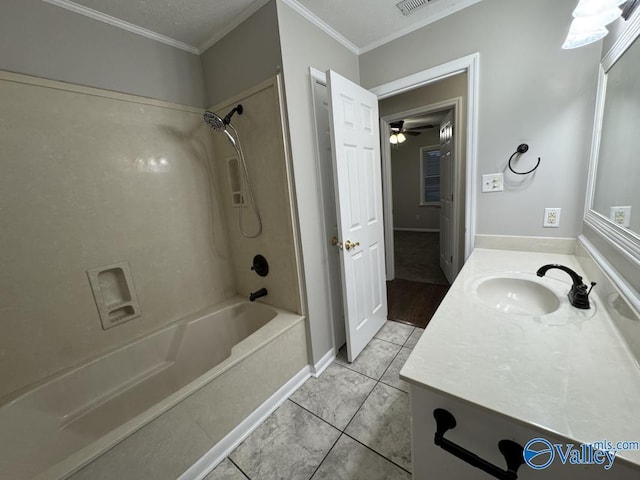 bathroom featuring crown molding, tile patterned flooring, ceiling fan, vanity, and shower / bathing tub combination