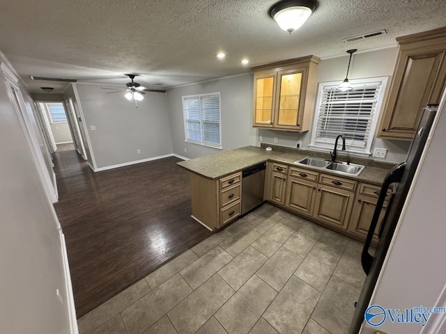 kitchen with a textured ceiling, stainless steel dishwasher, ceiling fan, a sink, and a peninsula