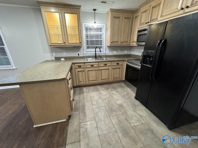 kitchen with a peninsula, a sink, crown molding, decorative light fixtures, and appliances with stainless steel finishes