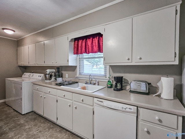 kitchen featuring ornamental molding, a sink, washer / clothes dryer, light countertops, and dishwasher