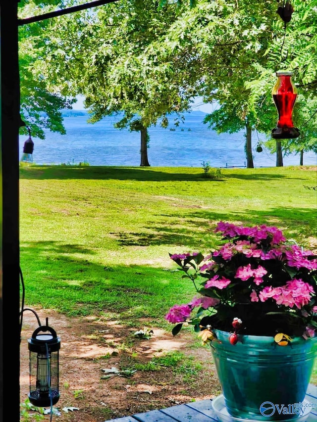 view of community with a yard and a water view