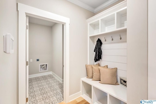 mudroom featuring crown molding