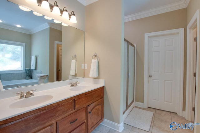 2701 Arbor Oak Dr SE, Owens Cross Roads, AL 35763 - bathroom with ornamental molding, double vanity, a shower stall, a bath, and tile patterned flooring