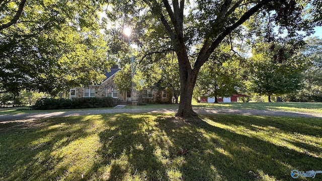 view of property hidden behind natural elements featuring a front yard