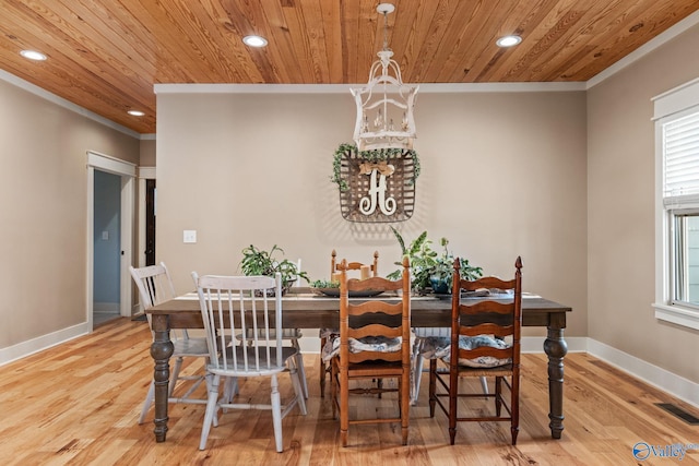 dining space featuring wood ceiling, a chandelier, visible vents, ornamental molding, and recessed lighting