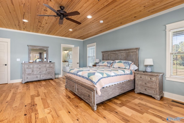 bedroom featuring ornamental molding, visible vents, wooden ceiling, and wood finished floors