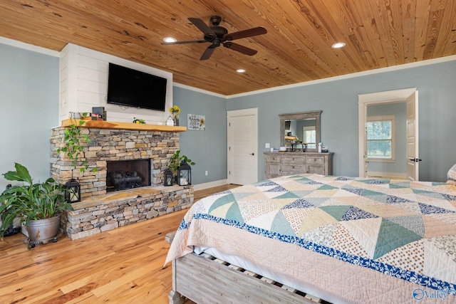 bedroom with recessed lighting, wood finished floors, wood ceiling, and ornamental molding