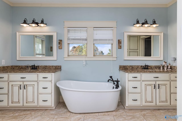 full bath featuring a sink, two vanities, and a freestanding bath