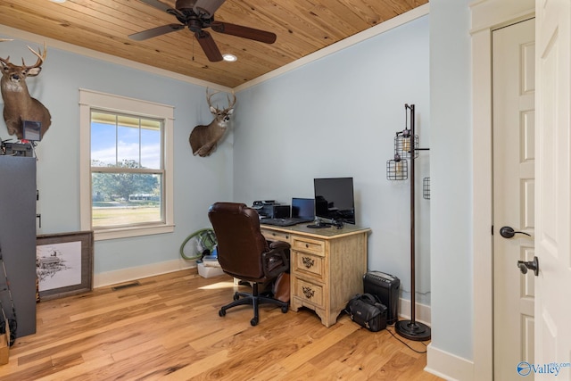 office space with visible vents, crown molding, a ceiling fan, light wood-style floors, and wooden ceiling
