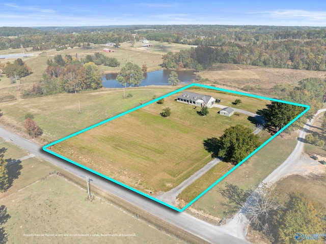 birds eye view of property with a water view and a rural view