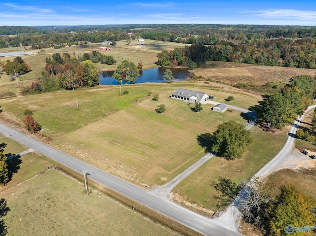bird's eye view with a water view and a rural view