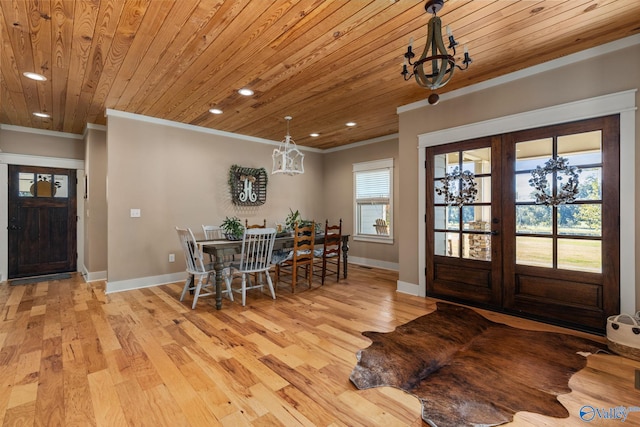 dining space with ornamental molding, a notable chandelier, and wooden ceiling