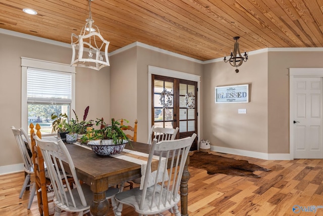 dining room featuring an inviting chandelier, light wood-style flooring, wood ceiling, and crown molding