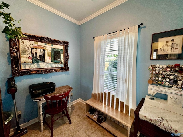 interior space with light tile patterned floors and ornamental molding