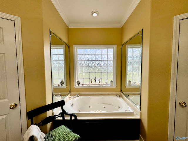 bathroom with ornamental molding and a bathing tub