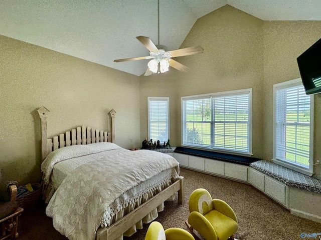 carpeted bedroom featuring lofted ceiling, ceiling fan, radiator, and a textured ceiling