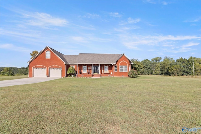 single story home with concrete driveway, a front yard, a porch, brick siding, and a garage