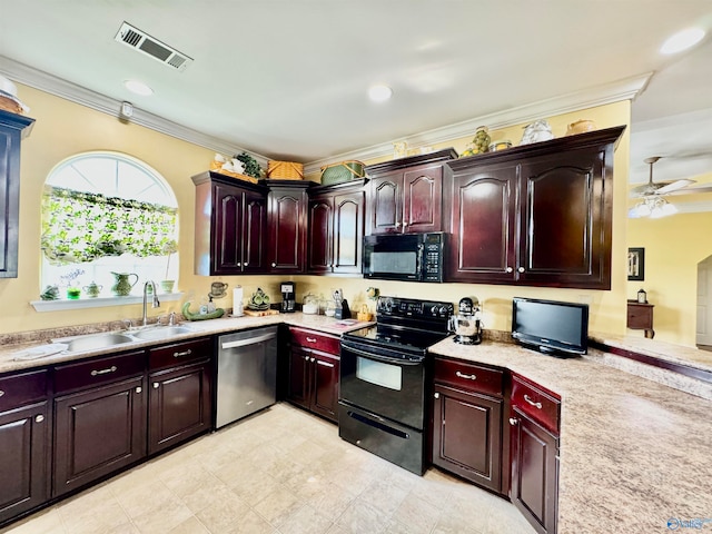 kitchen with crown molding, black appliances, ceiling fan, and sink