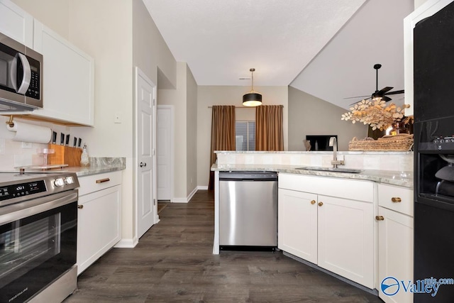 kitchen featuring appliances with stainless steel finishes, white cabinetry, a sink, and dark wood-style floors