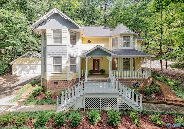 7925 Smoke Rise Rd SE, Huntsville, AL 35802 - victorian-style house with covered porch, an outbuilding, a chimney, stairway, and crawl space