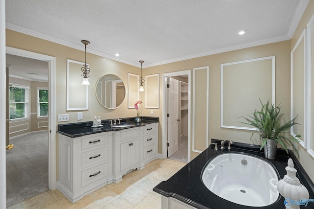 7925 Smoke Rise Rd SE, Huntsville, AL 35802 - bathroom with vanity, a jetted tub, crown molding, a textured ceiling, and recessed lighting